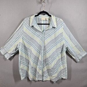 Chicos Shirt Womens 4 Striped Linen No Iron Button Up Lagenlook Coastel‎